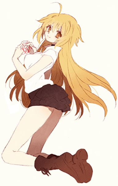1girl 428 ahoge bare_legs blonde_hair boots brown_eyes canaan full_body guilty long_hair oosawa_maria red_string simple_background skirt solo string