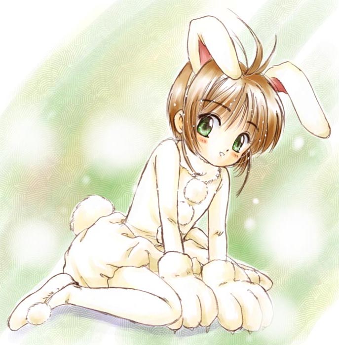 animal_ears blush brown_hair bunny_ears bunny_tail card_captor_sakura cardcaptor_sakura eyes gloves green green_eyes kinomoto_sakura kneeling paw_gloves rabbit_ears short_hair tail takano_hayato young