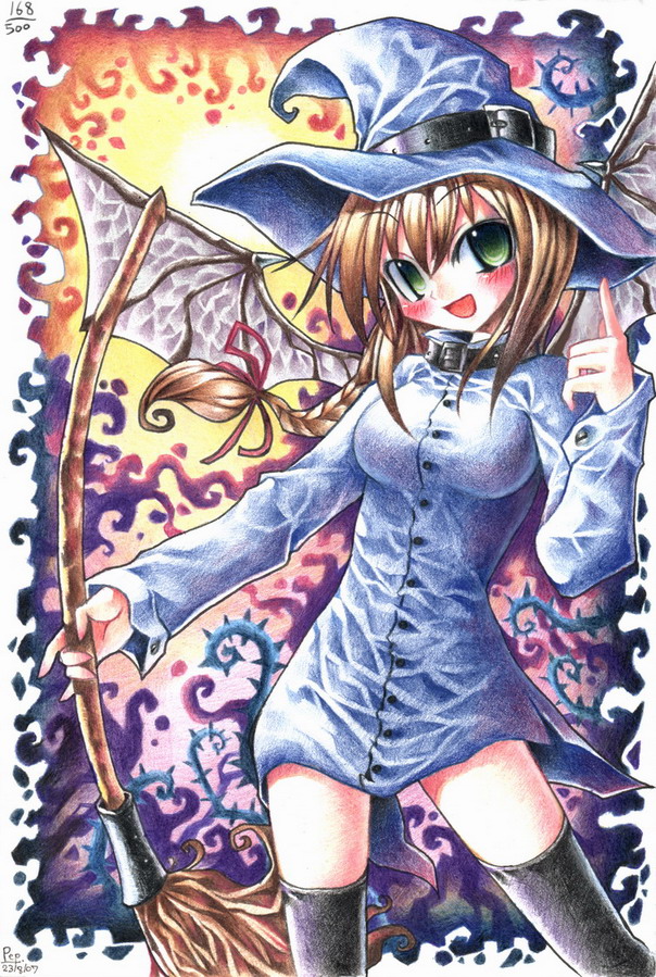 braid broom brown_hair emperpep green_eyes hair_ribbon hat open_mouth ribbon single_braid solo thigh-highs thighhighs traditional_media watercolor_(medium) wings witch