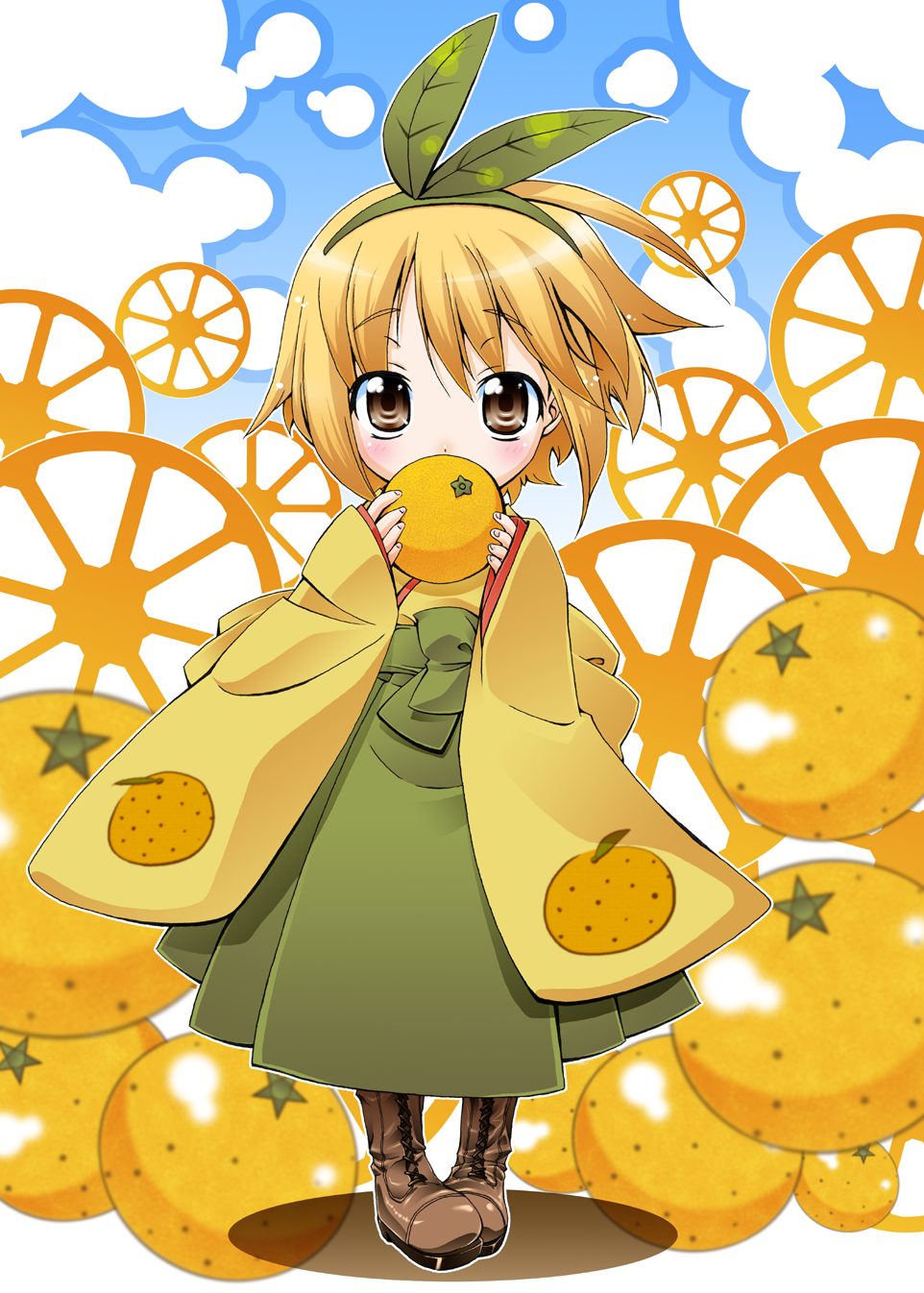 5293150 blonde_hair blush boots covering_mouth food food_themed_clothes four_horizontal_bars fruit hairband headband highres holding holding_fruit looking_at_viewer mittan orange original personification pigeon-toed short_hair shy