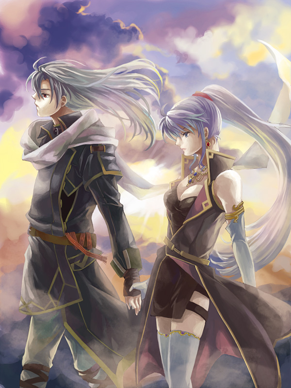 breasts cleavage cloud clouds earrings elbow_gloves fire_emblem fire_emblem:_seisen_no_keifu fire_emblem_genealogy_of_the_holy_war gloves hand_holding holding_hands ishtar ishtar_(fire_emblem) jewelry kaito_(sawayakasawaday) long_hair necklace ponytail sawayakasawaday scarf silver_hair sky sleeveless thigh-highs thighhighs