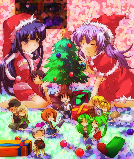 barefoot chibi christmas christmas_tree everyone furude_rika gift hanyuu higurashi_no_naku_koro_ni houjou_satoko houjou_satoshi irie_kyousuke kurohara_yuu maebara_keiichi ryuuguu_rena santa_costume sonozaki_mion sonozaki_shion takano_miyo tomitake_jiro tomitake_jirou