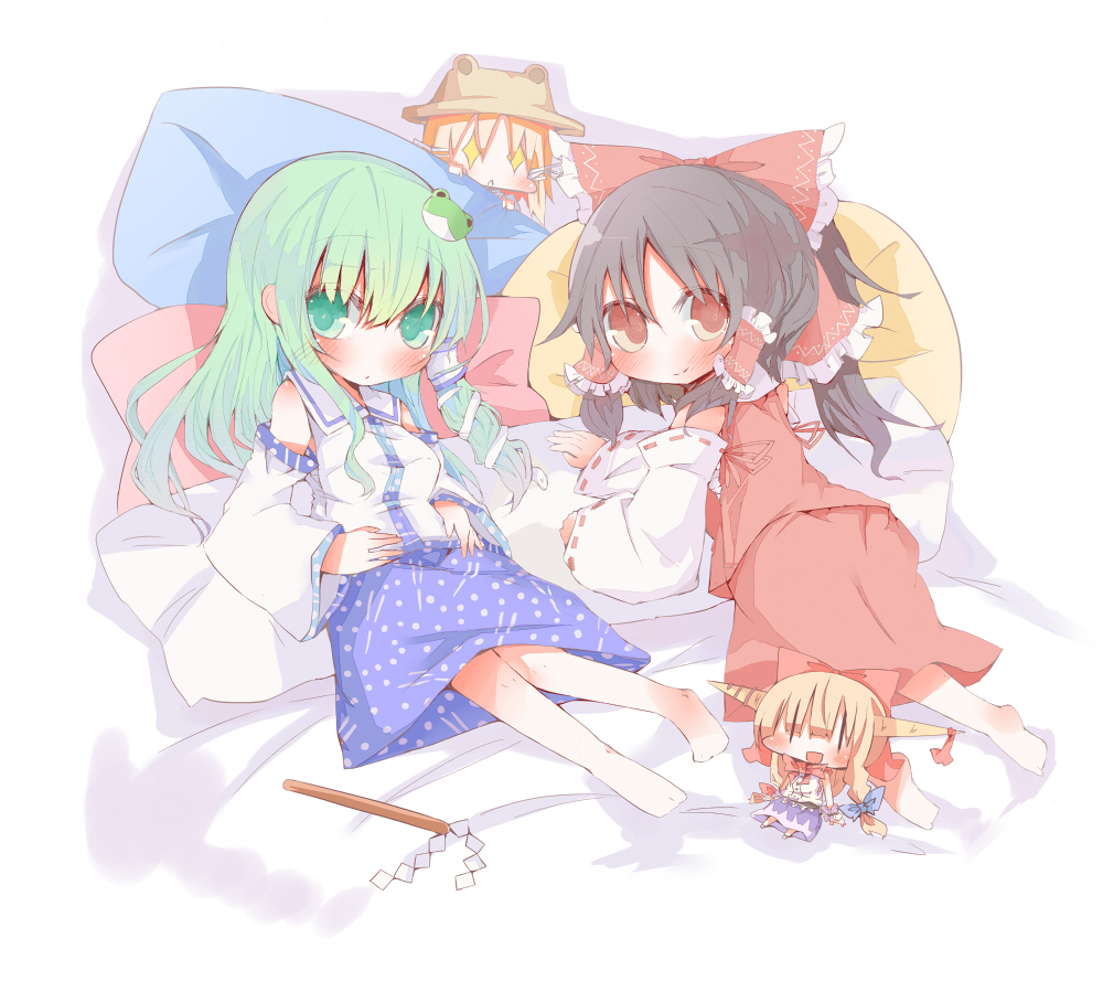 4girls bad_feet bad_id blonde_hair bow brown_hair chibi detached_sleeves eyes frog green_eyes green_hair hair_ornament hakurei_reimu hat horns ibuki_suika kochiya_sanae long_hair minigirl moriya_suwako multiple_girls red_eyes rowtan short_hair snake touhou