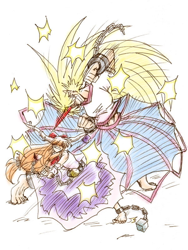 battle blonde_hair horn hoshiguma_yuugi ibuki_suika long_hair oni sakurameguri_shirou sketch touhou