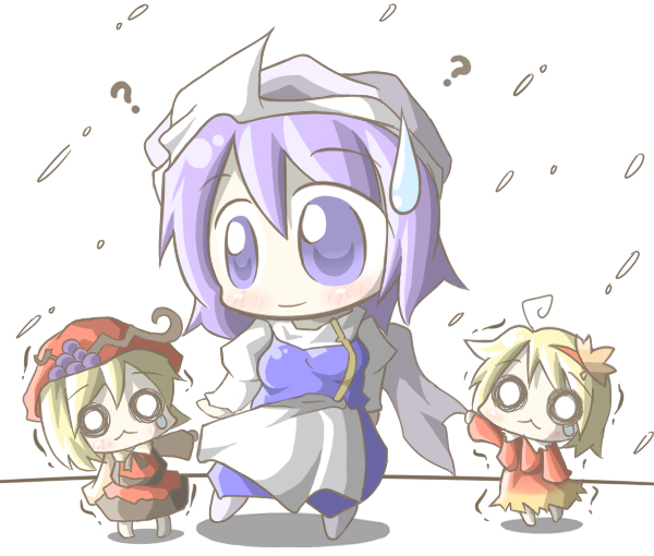 :&lt; ? aki_minoriko aki_shizuha aoblue blonde_hair blush chibi food fruit grapes hairband hat leaf leaf_on_head letty_whiterock multiple_girls purple_eyes purple_hair short_hair sweatdrop tears touhou trembling