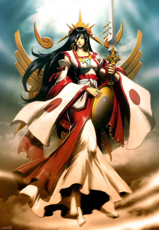 amaterasu_(mythology) barefoot black_hair detached_sleeves genzoman god goddess japanese_clothes japanese_mythology jewelry legs lips long_hair magatama mirror original sword sword_of_kusanagi weapon