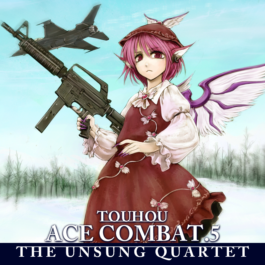 ace_combat_5 airplane animal_ears cervus gun hat mystia_lorelei parody pink_hair red_eyes rifle short_hair solo touhou trigger_discipline weapon wings