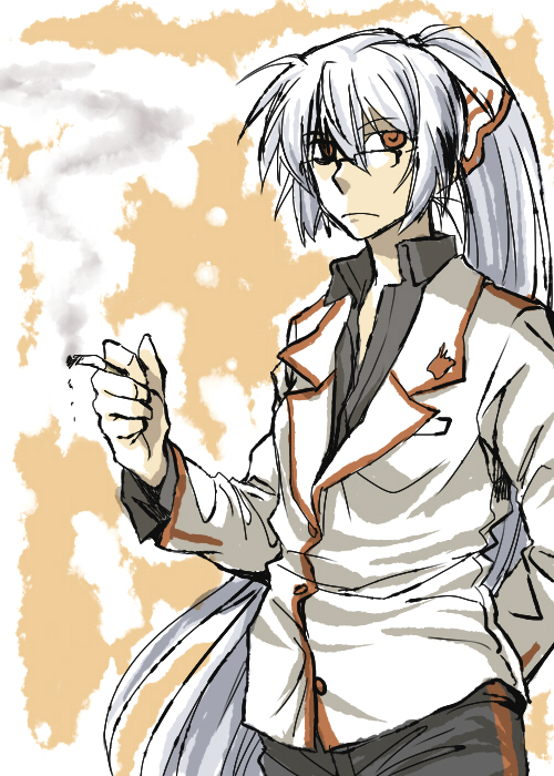 alternate_costume alternate_hairstyle androgynous bespectacled cigarette fujiwara_no_mokou glasses hair_ribbon long_hair ponytail red_eyes rex_k ribbon shirt silver_hair smoke solo touhou