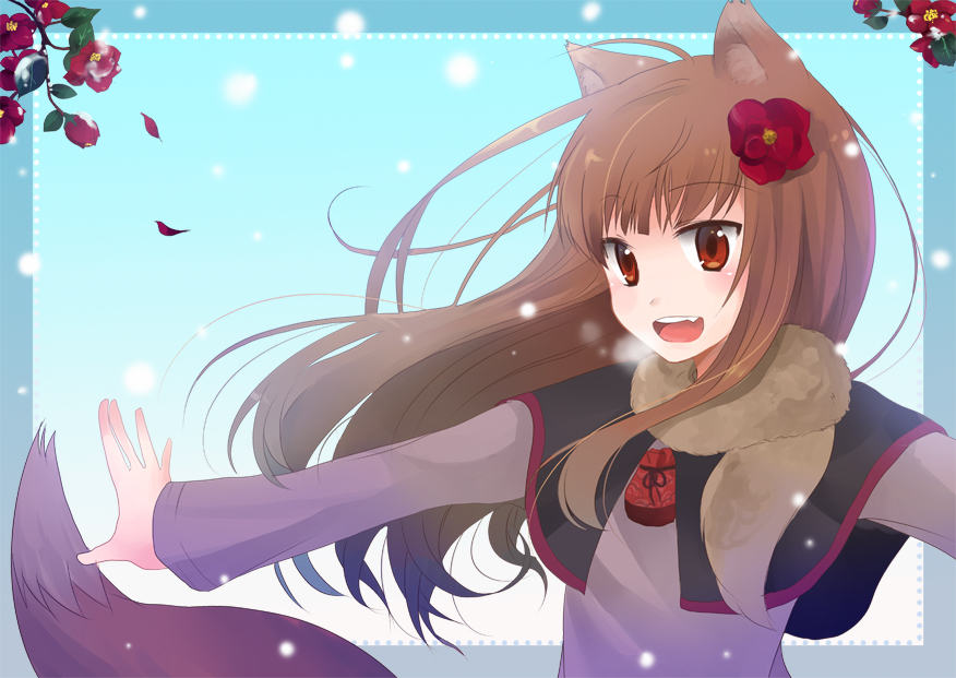 1girl bad_id brown_hair chocho_(homelessfox) fang flower hair_flower hair_ornament holo scarf snow solo spice_and_wolf tail winter wolf_ears wolf_tail