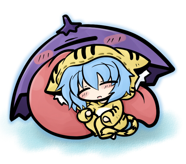 blue_hair chibi costume karakasa karakasa_obake short_hair sleeping tatara_kogasa tiger_costume tiger_print tongue touhou umbrella yanagi_(artist)