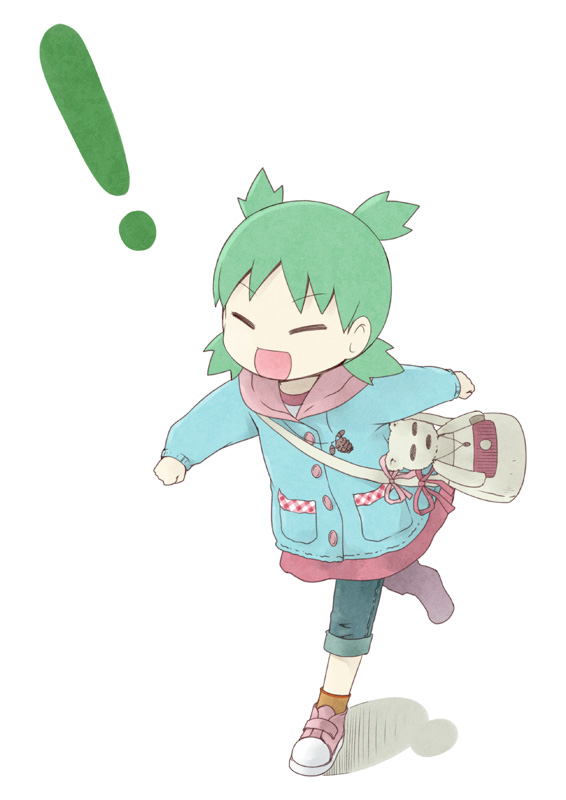 1girl :d bag child closed_eyes coat duralumin green_hair koiwai_yotsuba kouji_(campus_life) open_mouth purse quad_tails running shoes smile sneakers socks solo stuffed_animal stuffed_toy teddy_bear yotsubato!