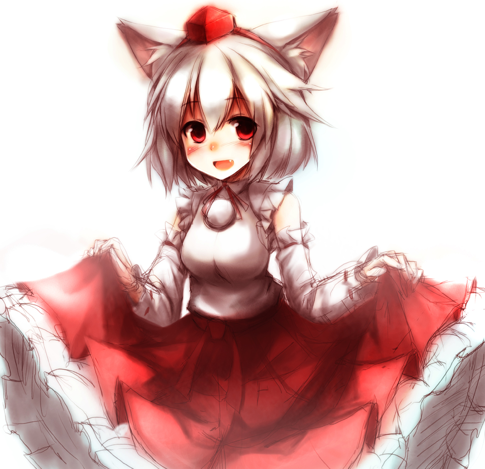 1girl animal_ears bare_shoulders blush curtsey detached_sleeves fang hat inubashiri_momiji looking_at_viewer open_mouth red_eyes rough sea_(lordofk) short_hair silver_hair simple_background smile tokin_hat touho touhou usolo white_background wolf_ears