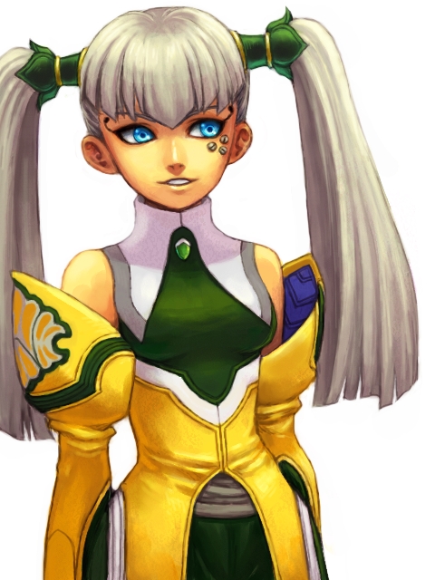1girl blue_eyes detached_sleeves facial_mark hair_tubes long_hair solo tolone twintails white_hair xenogears zohar0330