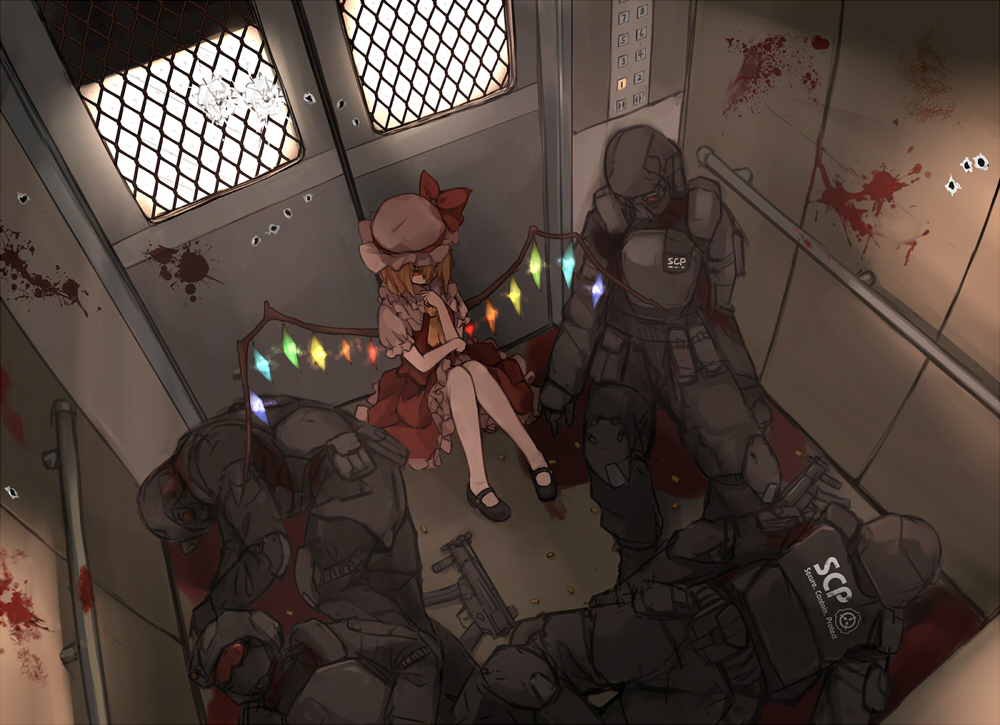 1girl 4boys armor assault_rifle blonde_hair blood bullet_hole death elevator flandre_scarlet full_armor gun h&amp;k_mp5 hat hat_ribbon helmet interior mary_janes multiple_boys red_eyes ribbon rifle scp_foundation shoes short_hair side_ponytail sitting skirt submachine_gun touhou uniform weapon white_legwear wings xiao_qiang_(overseas)