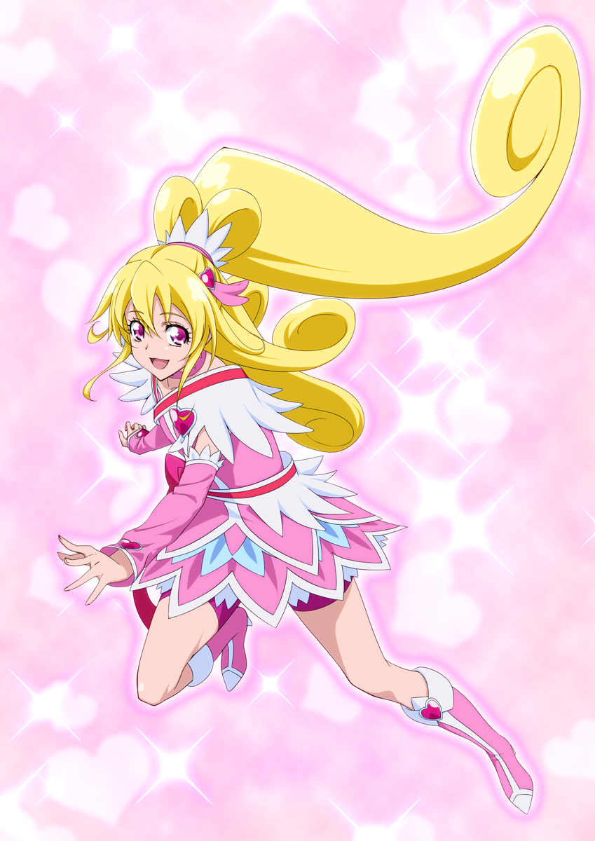 1girl aida_mana blonde_hair boots cure_heart curly_hair dokidoki!_precure heart iyakun long_hair magical_girl open_mouth pink_eyes ponytail precure smile solo