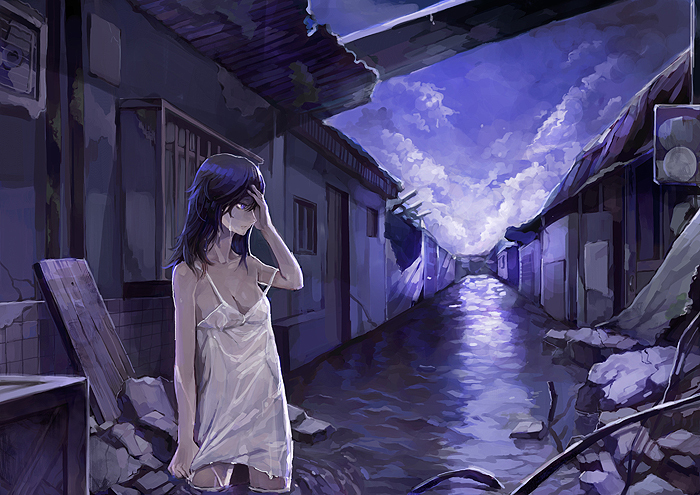 1girl blue_eyes blue_hair breasts crying dress hand_on_head house khj long_hair night original ruins solo standing water