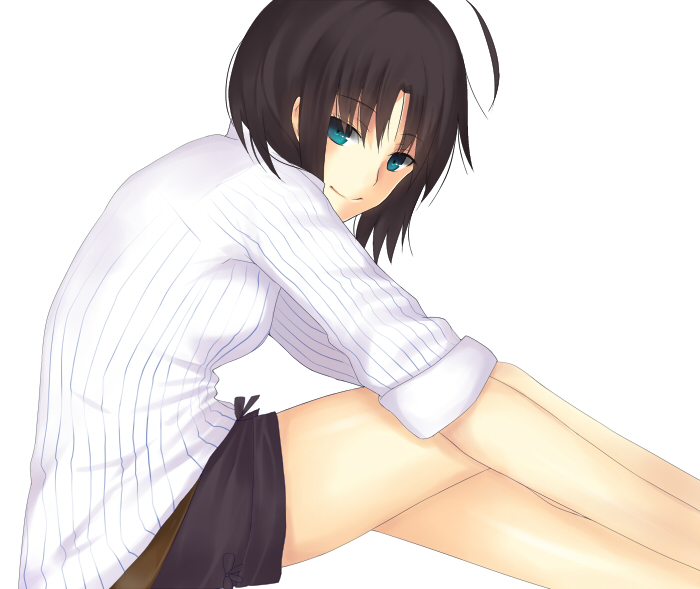 1girl ahoge black_hair blush green_eyes iro_(sekaixiro) kara_no_kyoukai ryougi_shiki short_hair short_shorts shorts simple_background sitting smile solo sweater