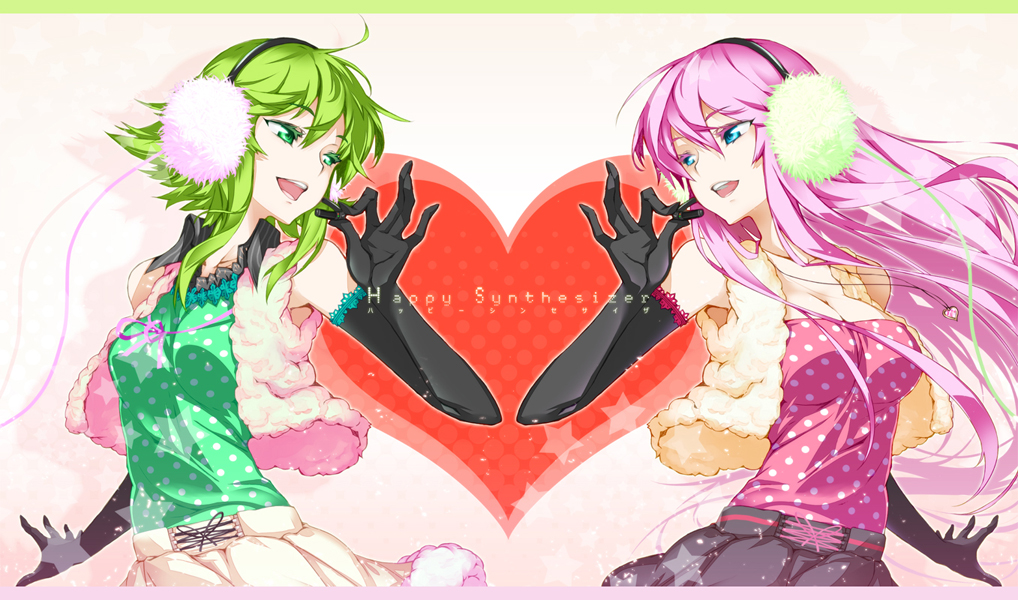 2girls blue_eyes breasts cleavage earmuffs elbow_gloves gloves green_eyes green_hair gumi happy_synthesizer_(vocaloid) headphones headset heart hong_(white_spider) long_hair megurine_luka multiple_girls pink_hair short_hair smile vest vocaloid