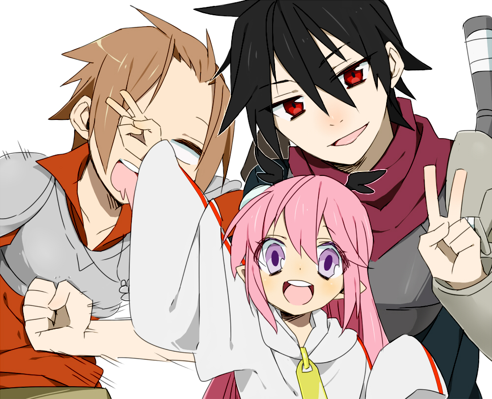 1girl 2boys alba_(senyuu) black_hair brown_hair demon_girl long_hair mokomichi multiple_boys pink_hair pointy_ears punching red_eyes ross_(senyuu) ruki_(senyuu) sen'yuu. short_hair smile v violet_eyes