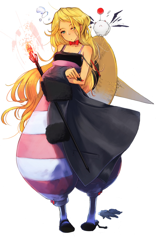 1girl black_mage black_mage_(fft) blonde_hair final_fantasy final_fantasy_tactics fur_trim green_eyes hat hat_removed headwear_removed jacket jacket_removed lipstick_tube long_hair moogle puffy_pants sleepy solo sparrowswallow staff standing striped striped_pants very_long_hair wizard_hat