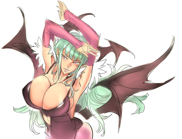 1girl aqua_hair arms_up bat_wings breasts cleavage darkstalkers demon_girl elbow_gloves gloves head_wings large_breasts leotard long_hair morrigan_aensland nishieda simple_background solo succubus vampire_(game) violet_eyes white_background wings