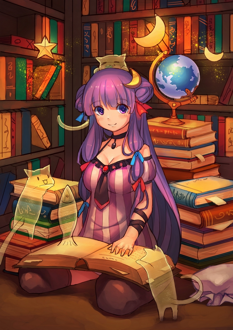 1girl black_legwear book breasts cat choker cleavage crescent fish globe hair_ornament hat hat_removed headwear_removed library long_hair looking_at_viewer mio-muo1206 patchouli_knowledge purple_hair sitting smile solo star thigh-highs touhou violet_eyes wariza