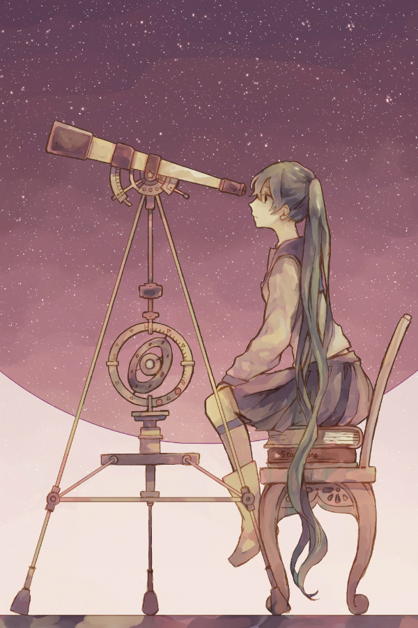 1girl book boots chair crimsonseed green_hair hatsune_miku kneehighs long_hair profile sitting skirt sky solo star_(sky) starry_sky telescope very_long_hair vocaloid