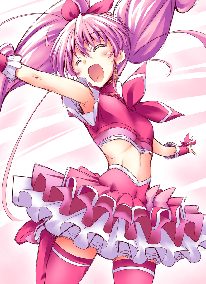 1girl bow brooch choker closed_eyes cure_melody frills heart houjou_hibiki jewelry jumping kaneda_mitsuko long_hair magical_girl midriff open_mouth pink_hair pink_legwear precure ribbon skirt smile suite_precure thigh-highs twintails