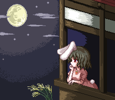 1girl animal_ears black_hair bunny_tail inaba_tewi jewelry lowres moon necklace pixel_art rabbit_ears red_eyes solo tail touhou unk_kyouso
