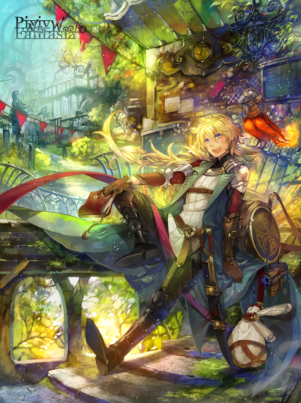 1boy bag bird blonde_hair blue_eyes book boots cape flag helmet highres kyouka_hatori long_hair open_mouth parrot pixiv_fantasia pixiv_fantasia_new_world shield sitting sunlight sword weapon