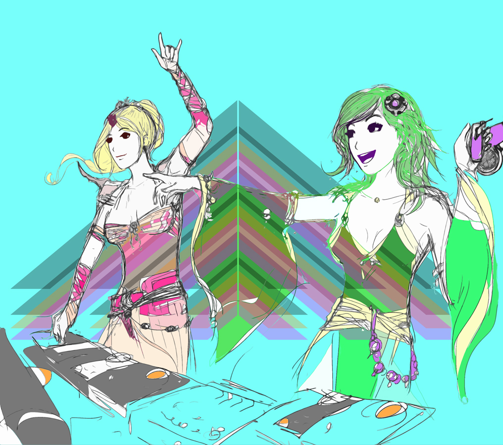 2girls \m/ blonde_hair detached_sleeves final_fantasy final_fantasy_iv green_hair hair_ornament multiple_girls open_mouth pointing rosa_farrell rydia smile tagme we.are.the.armada