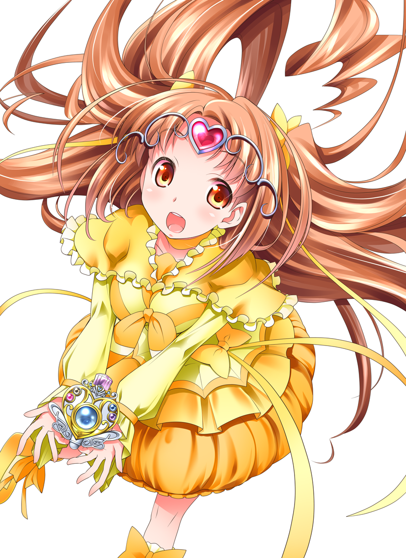 1girl boots bow breasts brooch brown_hair bubble_skirt choker circlet cure_muse_(yellow) dress frills hair_ribbon heart jewelry kaneda_mitsuko long_hair magical_girl open_mouth precure red_eyes ribbon shirabe_ako smile solo suite_precure tiara white_background yellow_dress