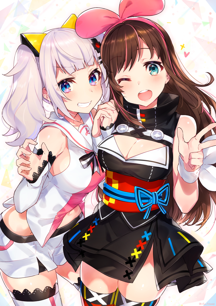 2girls :d a.i._channel bangs black_dress blue_eyes breasts brown_hair cleavage cleavage_cutout commentary_request cosplay costume_switch detached_sleeves dress eyebrows_visible_through_hair fingernails grin hands_up heart highres kaguya_luna kaguya_luna_(character) kaguya_luna_(character)_(cosplay) kizuna_ai kizuna_ai_(cosplay) lace lace-trimmed_thighhighs large_breasts long_hair long_sleeves mika_pikazo multicolored_hair multiple_girls navel obi one_eye_closed open_mouth pink_hair red_legwear round_teeth sash shirt short_dress short_shorts shorts silver_hair sleeveless sleeveless_dress sleeveless_shirt sleeves_past_wrists smile star streaked_hair teeth thigh-highs twintails upper_teeth v v-shaped_eyebrows very_long_hair virtual_youtuber white_legwear white_shirt white_shorts