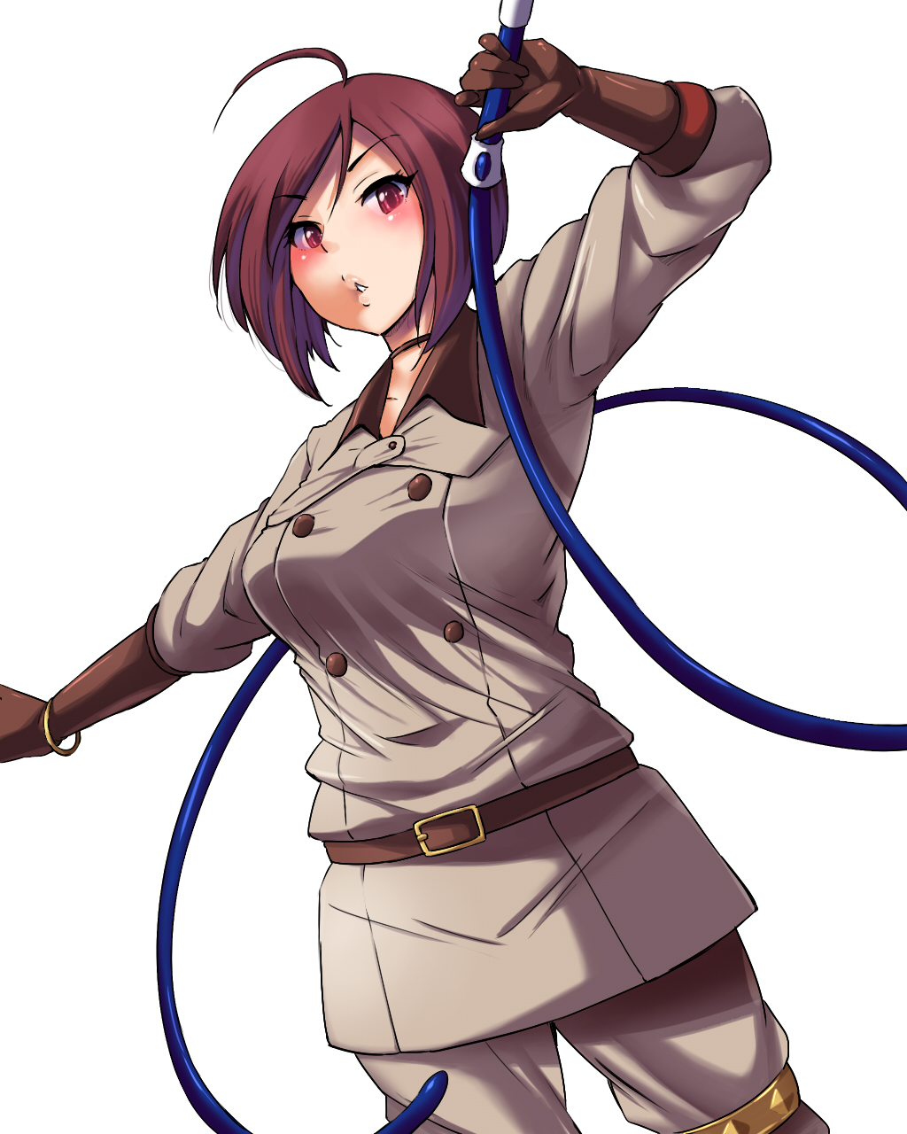 1girl brown_hair gloves highres king_of_fighters red_eyes short_hair simple_background solo whip whip_(kof) white_background yume_no_tanuki