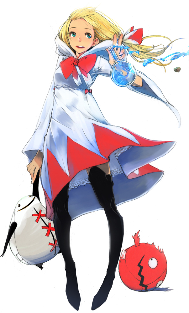 1girl aqua_eyes blonde_hair boots bow final_fantasy final_fantasy_tactics hair_ribbon hood liquid long_hair ribbon robe round-bottom_flask smile solo sparrowswallow standing stuffed_toy thigh-highs thigh_boots white_mage white_mage_(fft)
