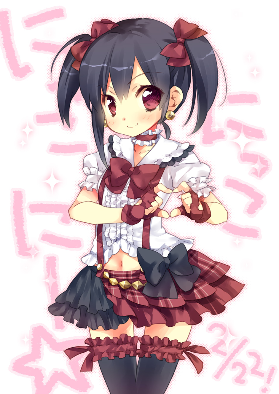 1girl black_hair bow choker earrings ech fingerless_gloves frills gloves hair_bow heart heart_hands highres jewelry looking_at_viewer love_live!_school_idol_project navel_cutout red_eyes short_hair skirt smile solo star thigh-highs twintails yazawa_nico