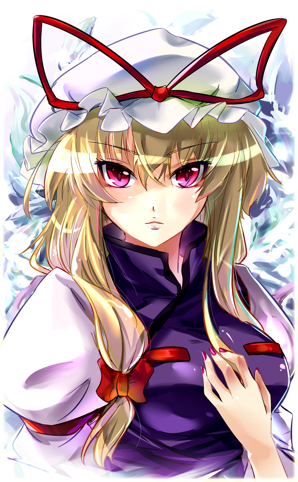 1girl blonde_hair breasts dress frown hair_ribbon hand_on_own_chest hat highres initial_f long_hair nail_polish red_eyes ribbon solo touhou yakumo_yukari