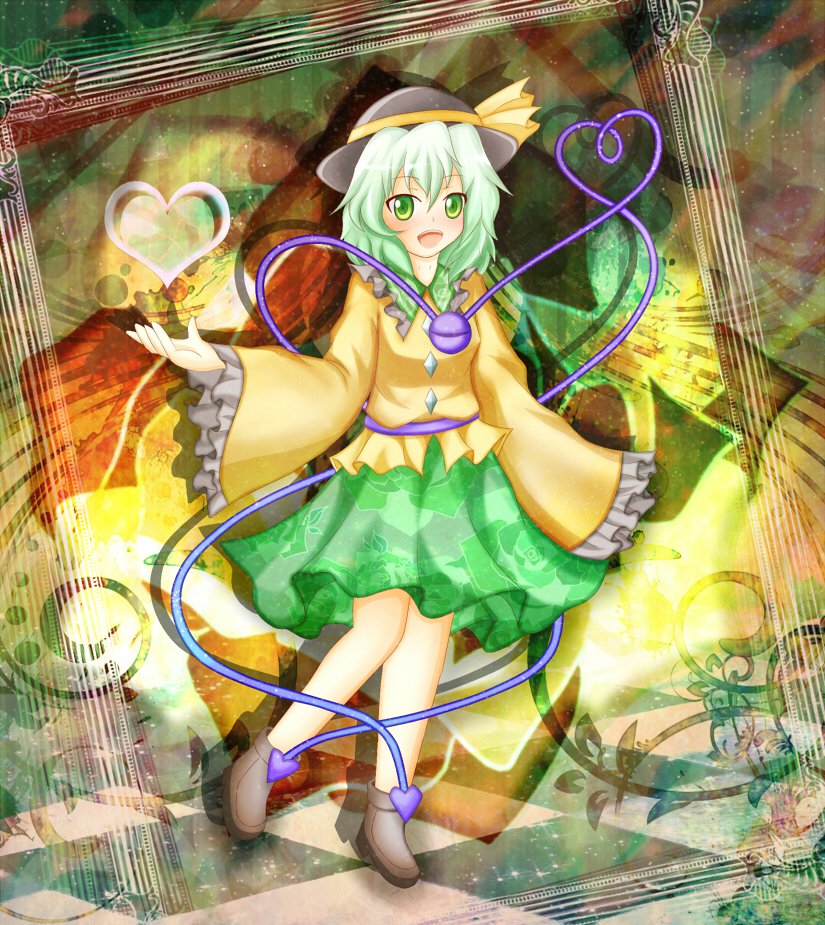 1girl ankle_boots blouse frame green_eyes green_hair hands_in_sleeves hat hat_ribbon heart heart_of_string komeiji_komeiji leg_up light links_(brightright) looking_at_viewer multicolored_background open_mouth ribbon shadow short_hair skirt third_eye tile_floor tiles touhou