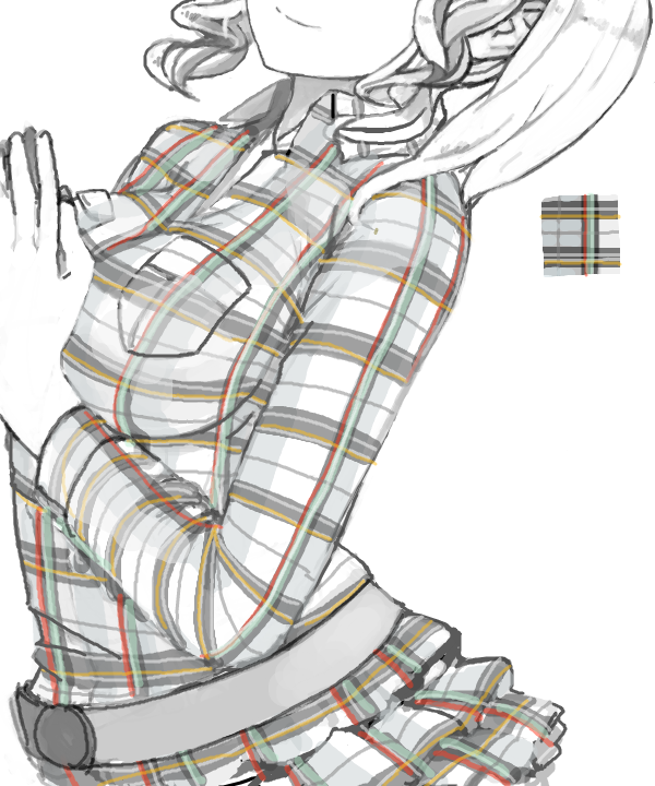 1girl breasts head_out_of_frame large_breasts long_sleeves monochrome original plaid plaid_shirt pupps short_hair simple_background smile solo spot_color white_background