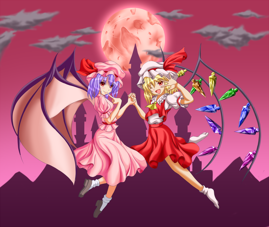 2girls bat_wings blonde_hair blouse clouds finger_to_mouth flandre_scarlet flying full_moon garando hat hat_ribbon holding_hands lavender_hair leg_up looking_at_viewer mob_cap moon mountain multiple_girls open_hand red_eyes red_moon red_sky remilia_scarlet ribbon skirt skirt_set sky smile touhou tower wings