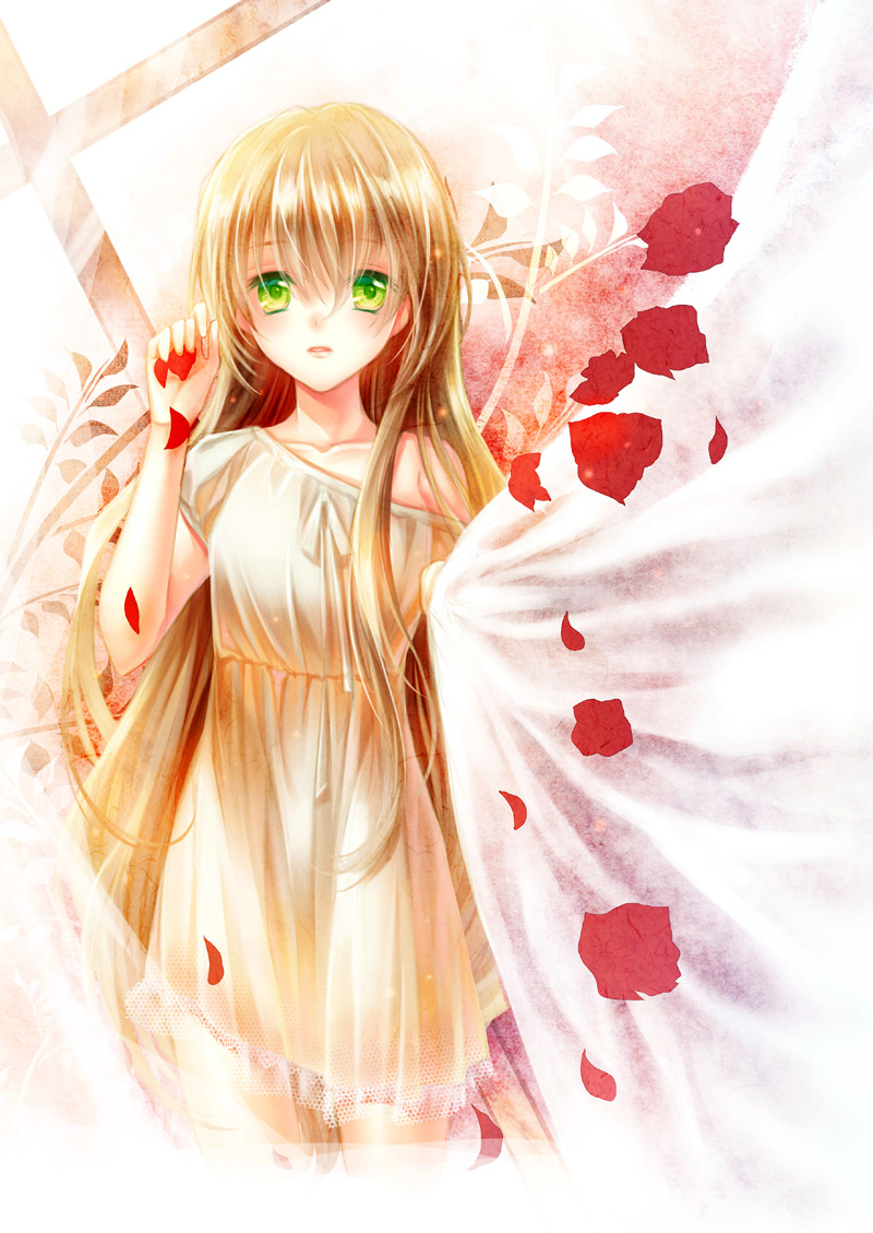 1girl blonde_hair curtains green_eyes long_hair original pajamas petals siaoyu solo