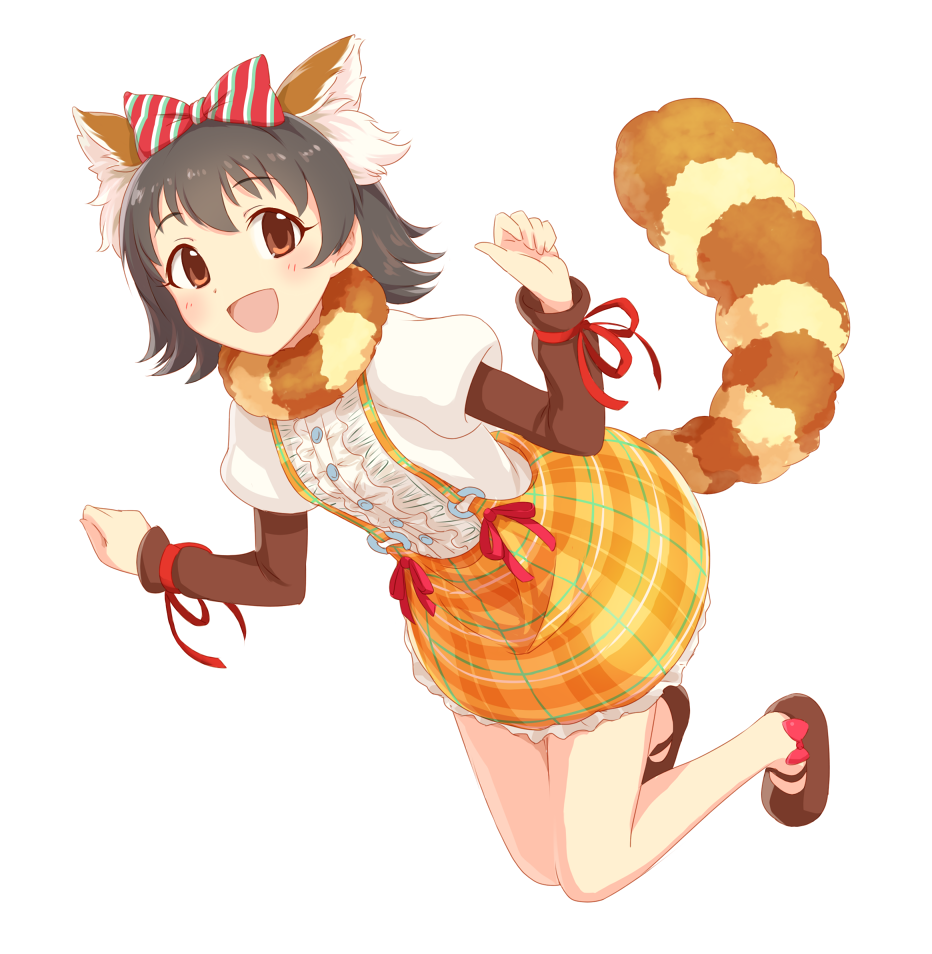 1girl akagi_miria animal_ears black_hair blush brown_eyes dani-ikapi dress idolmaster idolmaster_cinderella_girls jair_ribbon open_mouth red_panda ribbon short_hair skirt smile solo tail