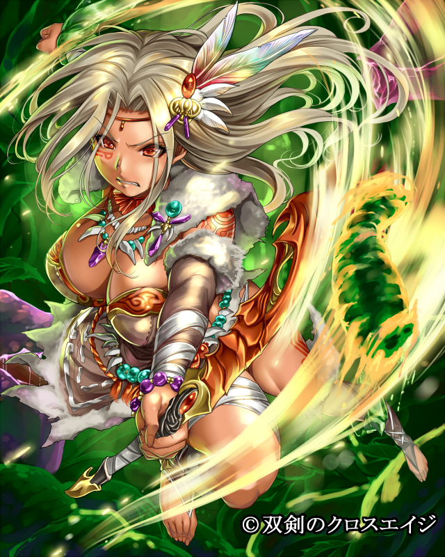 1girl breasts facial_tattoo hair_ornament jewelry large_breasts long_hair necklace red_eyes saburou_(hgmg) solo souken_no_cross_age sword tattoo weapon white_hair