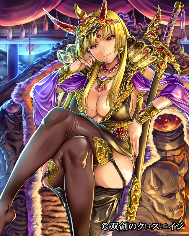 1girl black_legwear blonde_hair breasts cleavage garter_straps horns large_breasts long_hair looking_at_viewer red_eyes saburou_(hgmg) sheath sheathed sitting smile solo souken_no_cross_age sword thigh-highs weapon