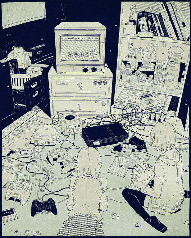 2girls book bookshelf border cable chu_chu_rocket controller crt from_behind game_boy game_controller gamecube hoodie long_hair multiple_girls nihohe original otaku_room playing_games playstation_2 roomscape short_hair sitting television thigh-highs wariza