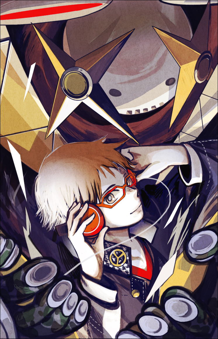 brown_eyes brown_hair glasses hanamura_yousuke harumachi_(natutaka) headphones jiraiya_(persona_4) persona persona_4 school_uniform