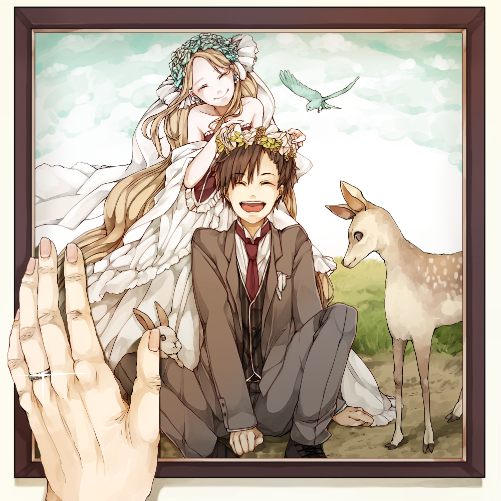 1boy 1girl bare_shoulders blonde_hair bridal_veil brown_hair closed_eyes couple deer dress flower formal happy head_wreath hetero jewelry kagerou_project komo long_hair mary_(kagerou_project) necktie picture_frame rabbit ring seto_(kagerou_project) short_hair smile souzou_forest_(vocaloid) suit veil wedding wedding_dress