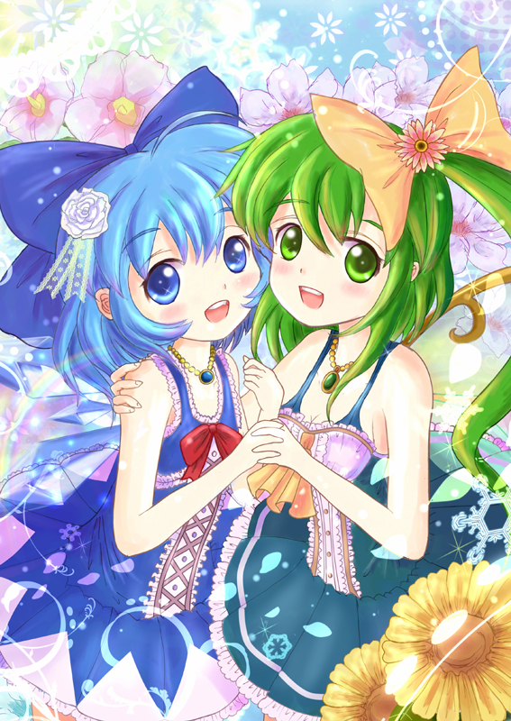 2girls adapted_costume blue_eyes blue_hair bow cheek-to-cheek cirno daiso daisy daiyousei dress fairy_wings floral_background flower green_eyes green_hair hair_bow hair_flower hair_ornament hand_on_another's_shoulder holding_hands interlocked_fingers jewelry looking_at_viewer morning_glory multiple_girls necklace open_mouth short_hair side_ponytail sleeveless sleeveless_dress snowflakes sparkle touhou wings