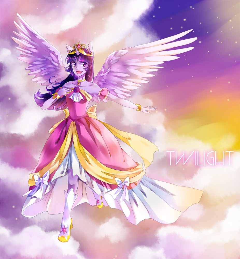 1girl :d animal_ears bangs bare_shoulders blunt_bangs character_name choker clouds collarbone colorful detached_sleeves dress feathered_wings full_body gown horn long_hair my_little_pony my_little_pony_friendship_is_magic open_mouth outstretched_hand personification pink_dress princess purple_hair purple_skin shiron2611 smile solo spoilers twilight_sparkle wings