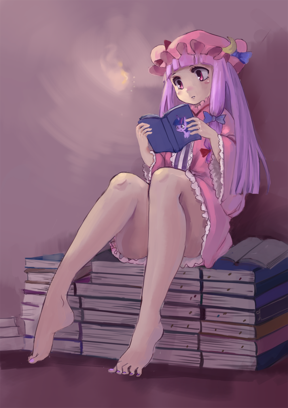 1girl bangs bare_legs barefoot blue_ribbon blunt_bangs book book_stack feet full_body hair_ribbon hat highres legs long_hair looofa mob_cap my_little_pony my_little_pony_friendship_is_magic open_book parted_lips patchouli_knowledge reading ribbon sitting solo toenail_polish touhou tress_ribbon twilight_sparkle violet_eyes